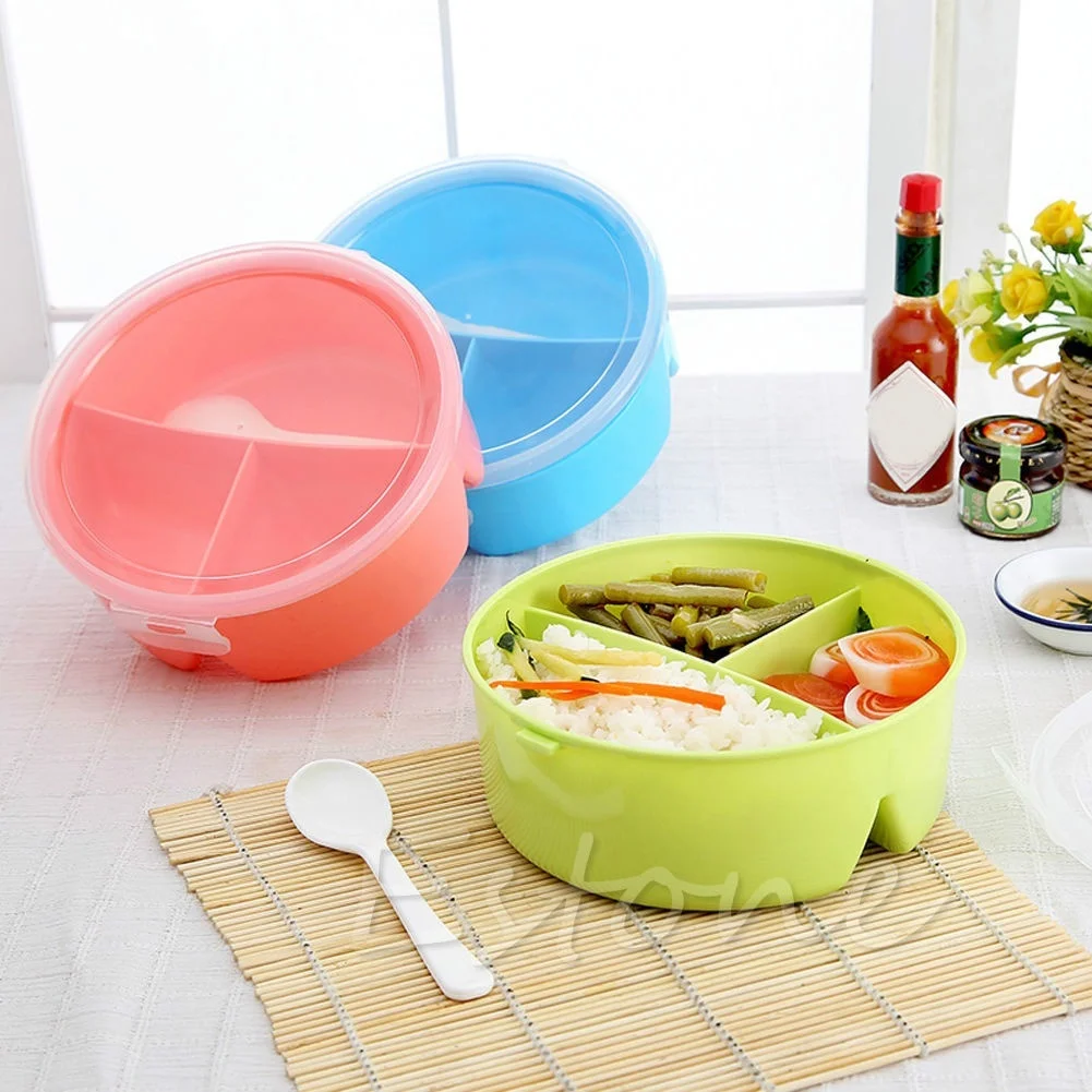 

Round Portable Microwave Bento Lunch Box Picnic Bento Food Container Storage with Spoon Reusable 3 Grids Lunch Container