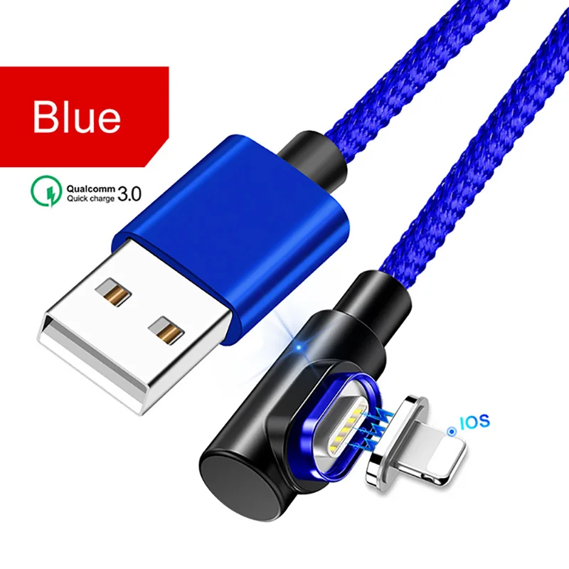 Blue For IOS Магнитное зарядное устройство OneVan 5V 3A 90 градусов Usb кабель для быстрой зарядки Micro Usb type C шнур для зарядки iPhone 7 Xiaomi samsung телефон - Цвет: Blue For IOS