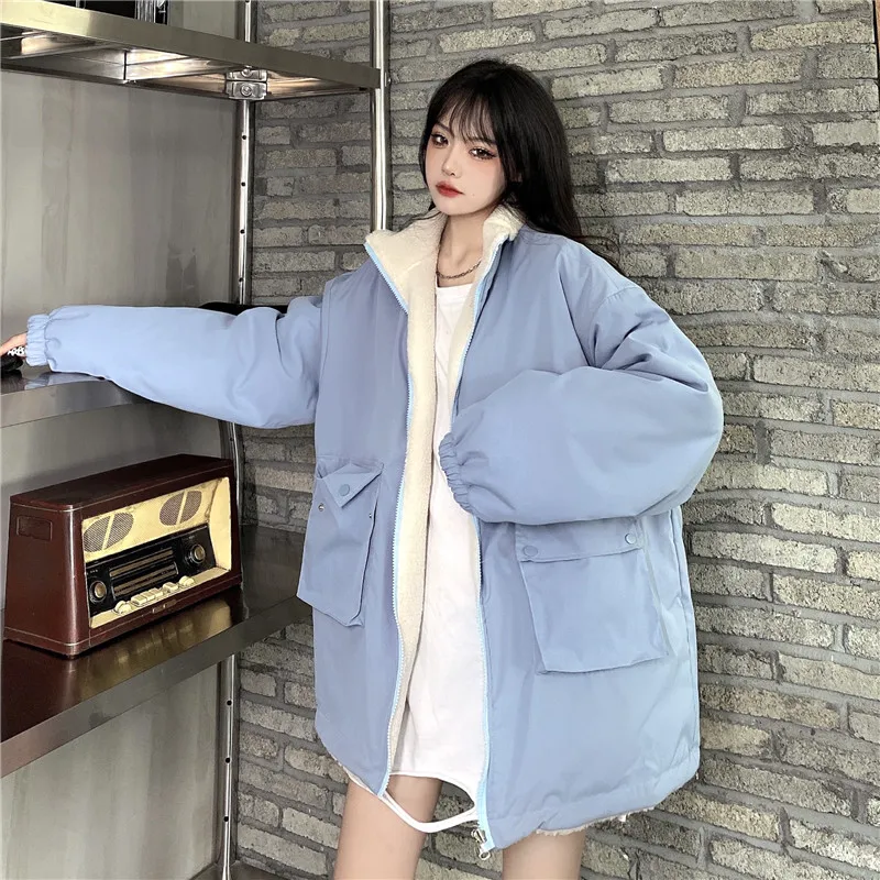 

Winter Coat Women Warm Fur Lambswool Plush CWinteoats Korea Fahion Female Outerwear Clothing Ladies Cardigans Long Sleeve Jacket