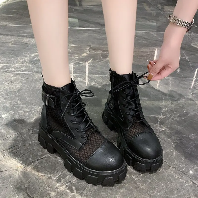 Rimocy Classic Women Thick Bottom Black Mesh Summer Boots Round Toe Zipper Lace Up Platform Shoes Woman High Heels Ankle Botas