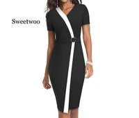 elegant contrast color patchwork with ring work vestidos office business party bodycon sheath women dress