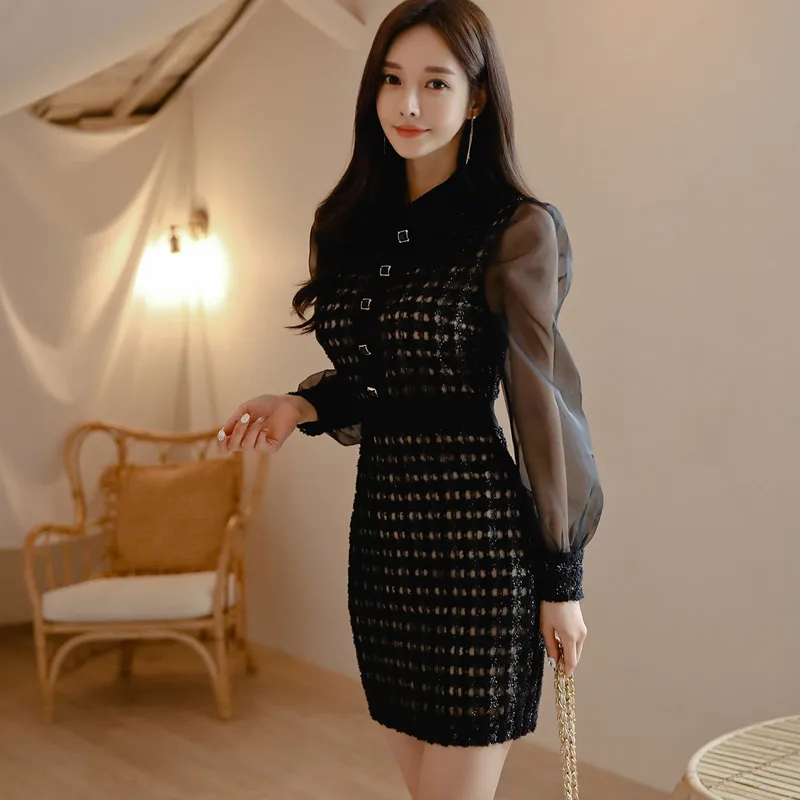 

Autumn shirt collar slim stitching perspective dress female large size XL black Korean sexy dress elegant fashion bag hip dress