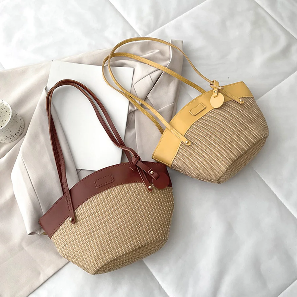 

Винтажные плетеные Лоскутные сумки-ведра на плечо, женская сумка из искусственной кожи, Повседневная Универсальная Женская вместительная ...