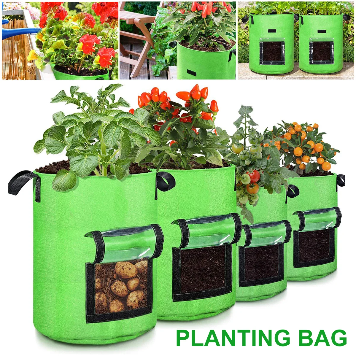 

Gardening Grow Bags Breathable Plant Bags With Transparent Access Flap Window Durable Outdoor Vegetable Planters Growing Bag
