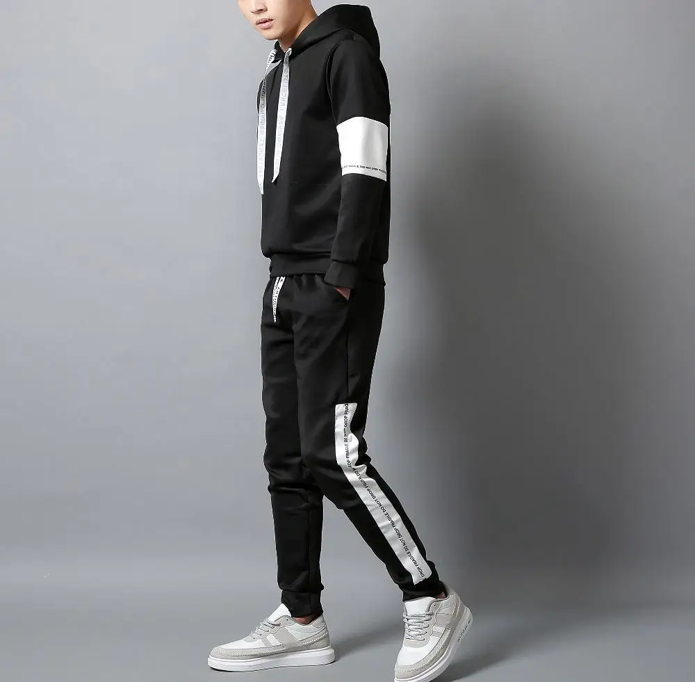 Wei Schwarz Mnner толстовки Набор Mode 2019 Herbst Marke Lssige Herren Gesetzt Sport Zwei Stck Лоскутная Толстовка с