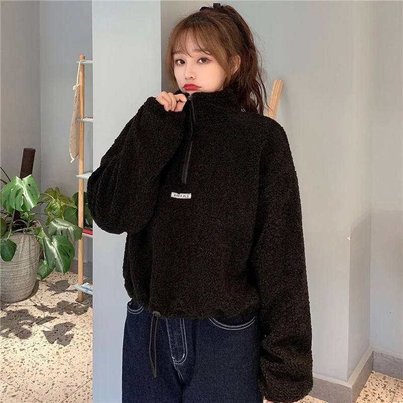 Lamb Wool Short Sweater for Women Winter Loose Korean Style Idle BF Fleece-Lined Thickened Chic Hong Kong Jum | Женская одежда