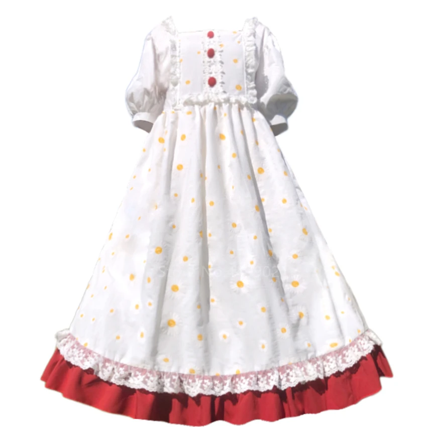 

Kawaii Girls Lolita Dresses White Vintage Floral Ruffles Princess Squared Collar Short Sleeve Women Japanese Loli Dress