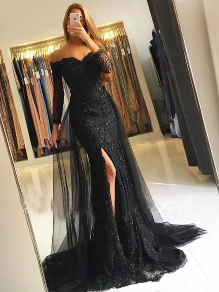 

Off The Shoulder Mermaid Evening Dress With Moved Tulle Train 2020 Saudi Arabic Kaftan Dubai V Neck Long Sleeves Prom Dresses
