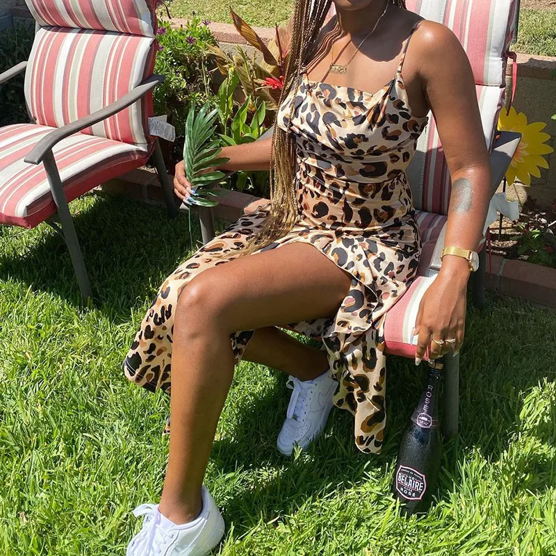 

Leopard Print Spaghetti Strap Sexy Dress Women Summer Sleeveless V-Neck Asymmetrical Hem Ruffles Casual Dress
