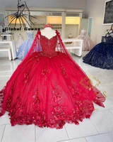 red sweetheart princess ball gown beaded 3d flowers quinceanera dresses with cape sweet 15 16 dress prom robe de bal