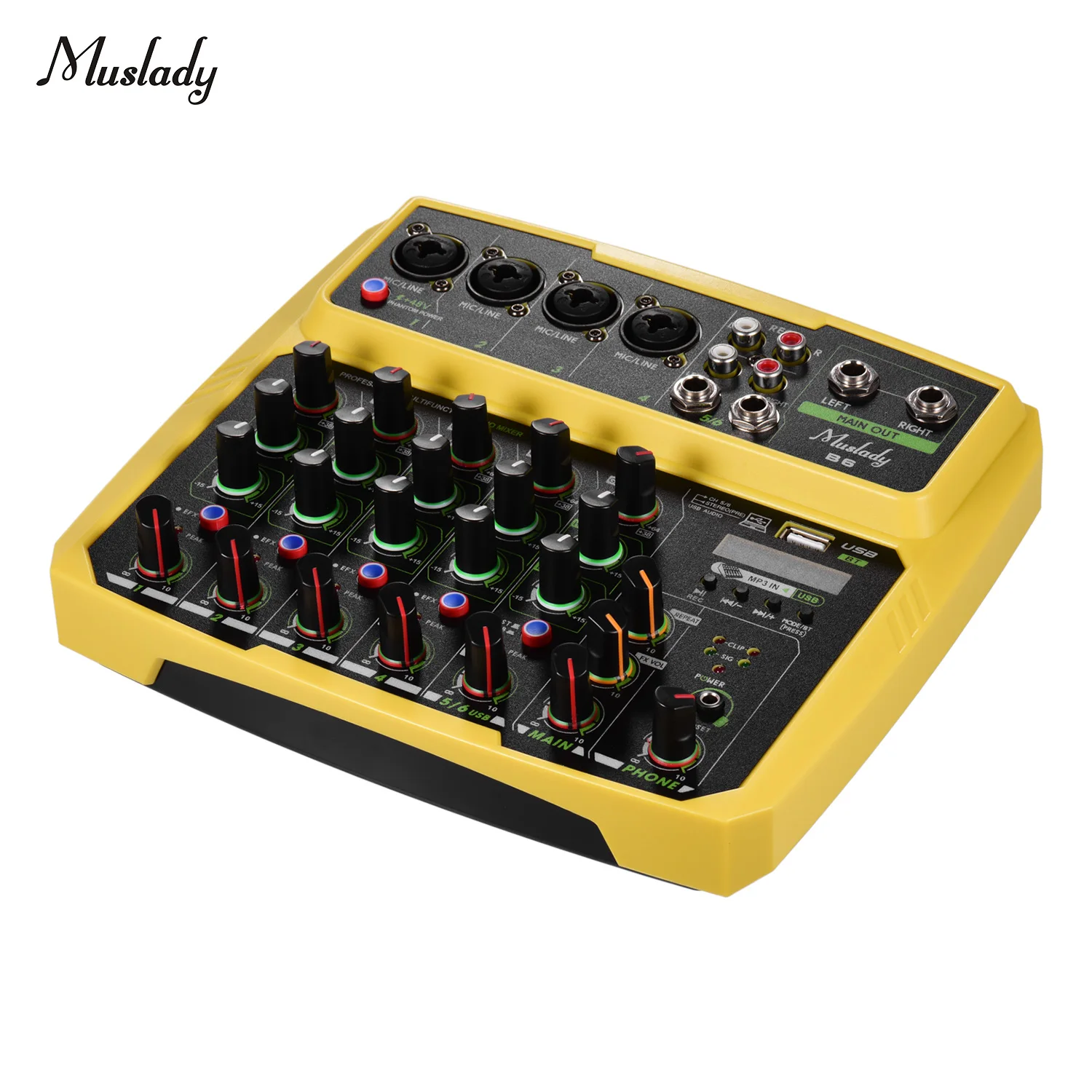 

Muslady B6 Portable 6 Channels Audio Mixer USB Mixing Console Supports BT Connection with Sound Card Built-in 48V Phantom Power