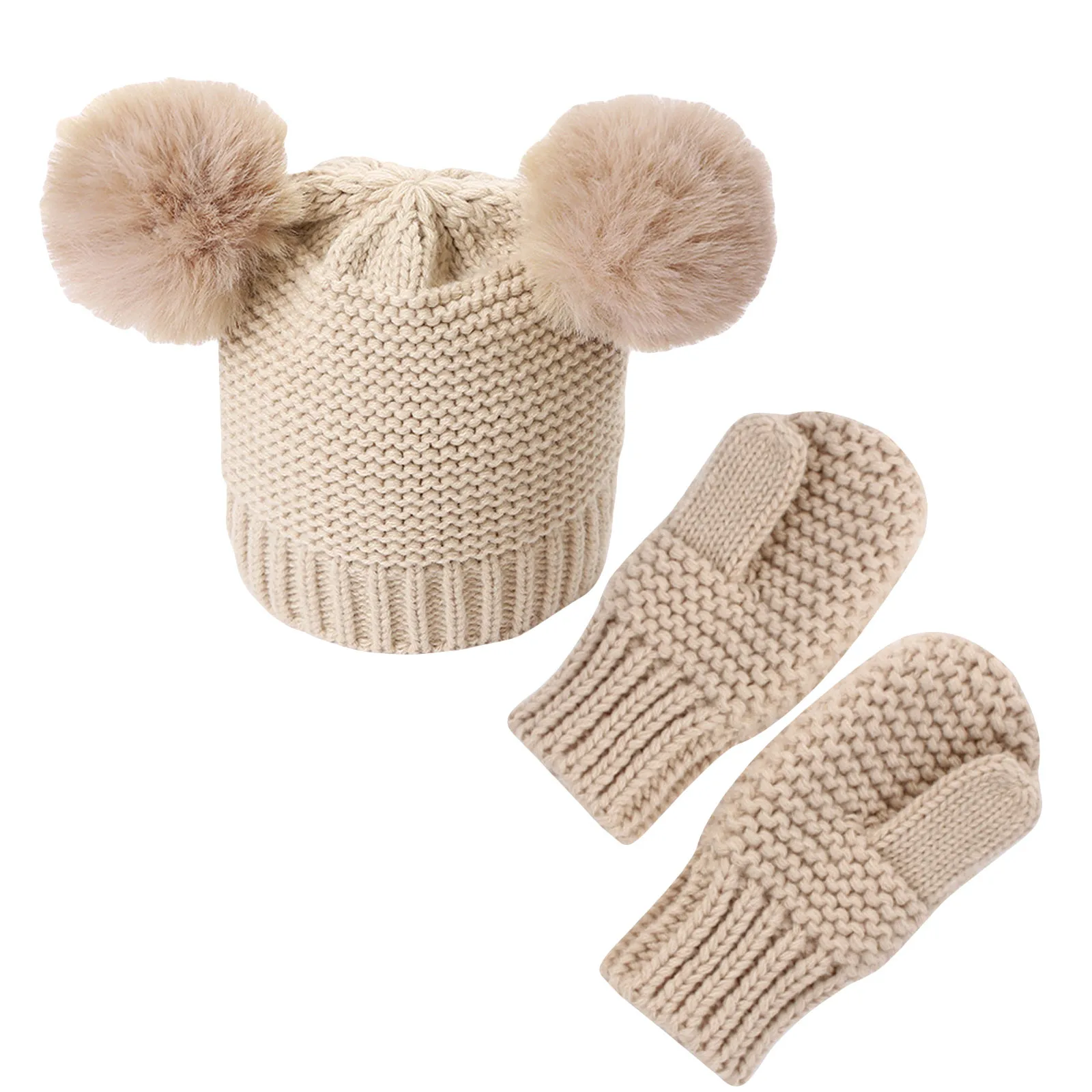 

Winter Cotton Baby Hat And Mittens Set Kids Knitted Cotton Beanie Cap Warm Boys Girls Double Pompom Hats Gloves Infant Bonnet