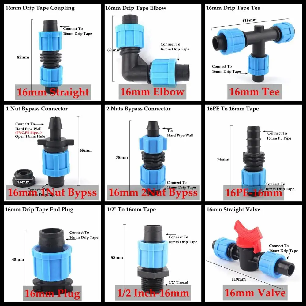 

2pcs 16mm Micro Irrigation Drip Tape Connectors Pipe Fittings Thread Locked More Fixed Pipe Hose Joints Garden Water Connector