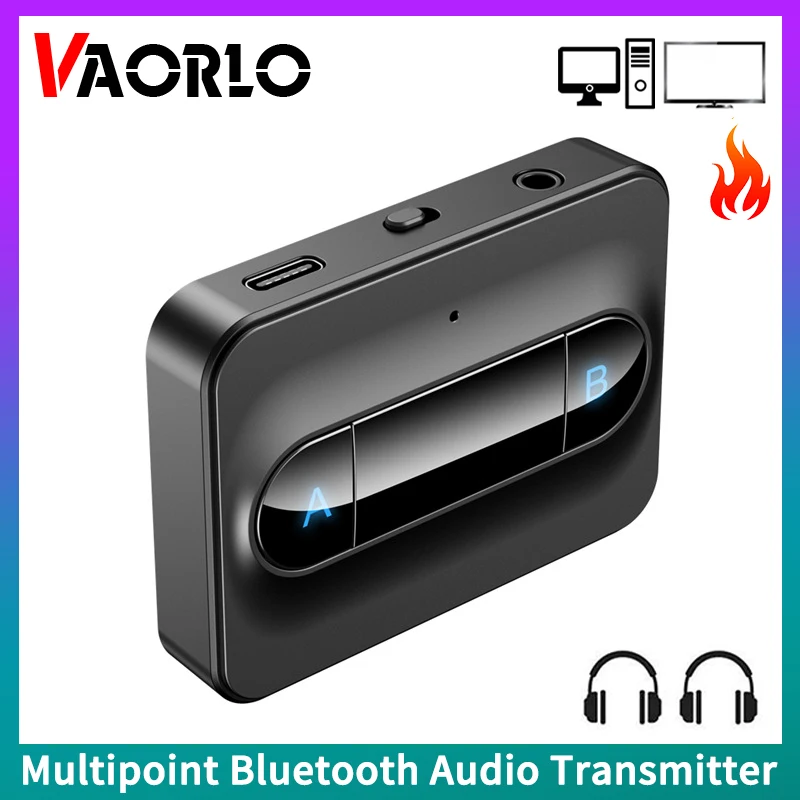 Multipoint Bluetooth 5.0 Audio Transmitter 3.5mm AUX RCA Low Latency Stereo Wireless Adapter Connect 2 Headphones For TV PC Box