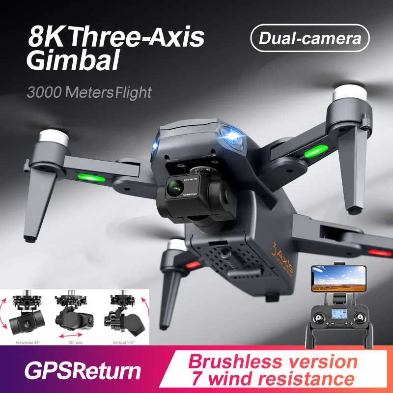 

8K GPS Auto Follow 3-Axis Gimbal Brushless Fold RC Drone 3KM WIFI FPV 30Mins Optical Flow Dual Positioning Aerial RC Quadcopter