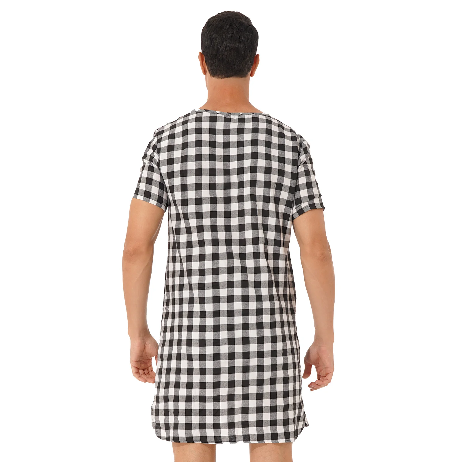 Men Plaid Sleepwear Loungewear V-neck One-piece Shirt Pyjamas Dress with Pockets