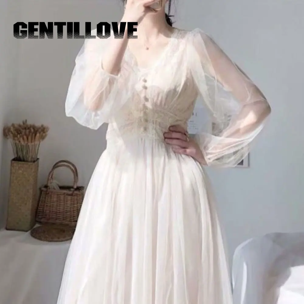 

Mesh V-Neck Women Long Dress Elegant A-Line Vestidos Solid Puff Sleeve Spring Sweet High Waist Female Skinny Lace Dresses
