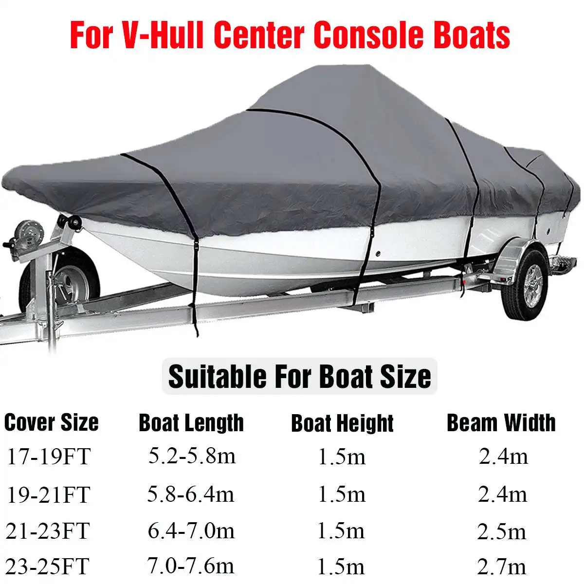 

New 17-25ft Grey Trailerable Boat Cover 210D Waterproof Fishing Ski V-Hull Sunproof Anti UV Heavy Duty Marine Boat Mooring Cover