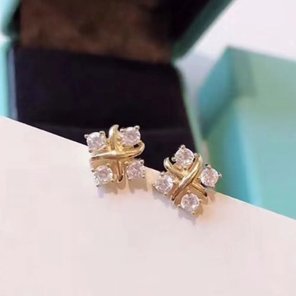 

AYBS Real 925 Earrings High Quality TIFN Original1:1 logo "Four Sparkling X Shapes" Earrings Woman