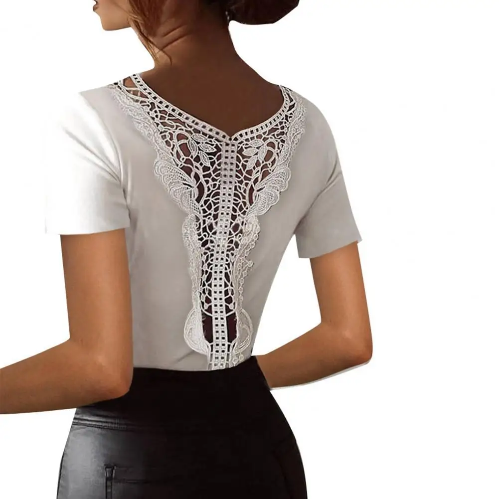 

Summer Women T-shirt Fashion Sexy Back Hollow Shirt Solid Color Back Hollow Skin-friendly Lace Decor V-Neck T-shirt for Home