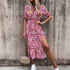 Женское платье-рубашка с цветочным принтом, V-образным вырезом и длинным рукавом