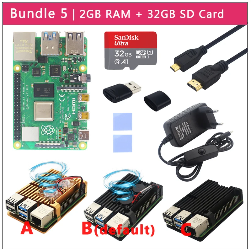 Комплект 5 Raspberry Pi 4 Модель B комплект+ алюминиевый чехол+ теплоотвод+ 3A переключатель питания+ Micro HDMI вариант 64 32 Гб SD карты | ридер - Комплект: Комплект 5