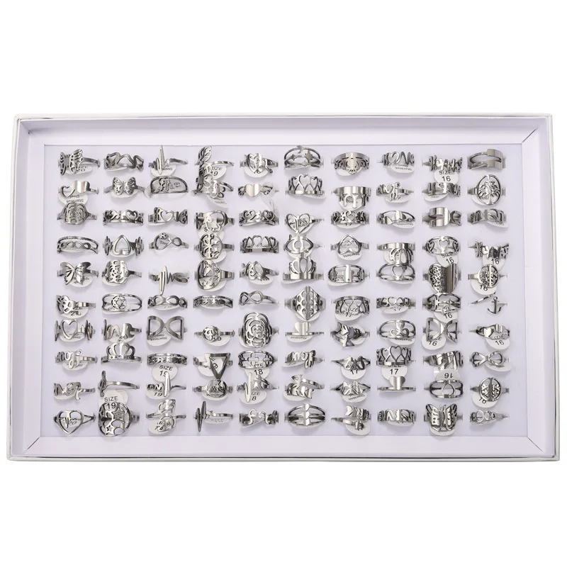MIXMAX 100PCs Stainless Steel Rings For Men Women Laser Cut Patterns Flower Ring Hollow Mixed Styles Wholesale Gifts 4 Colors
