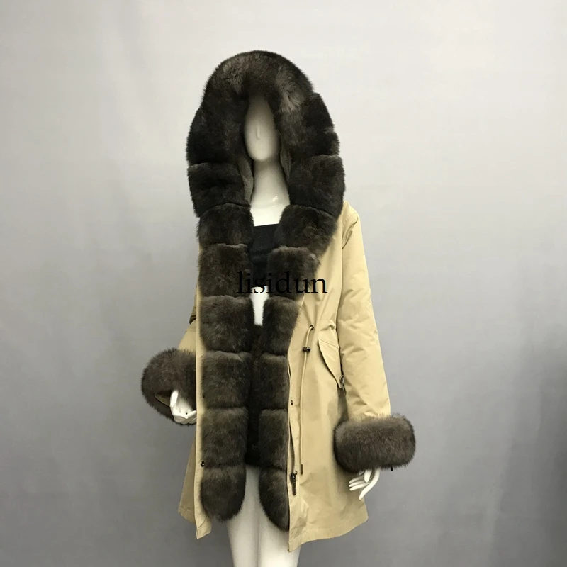 Женская парка с большим воротником из меха енота Длинная зимняя подкладкой