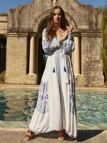 Summer new style of retro ethnic travel holiday embroidered long dress Bohemian beach island dress V neck loose oversize dress