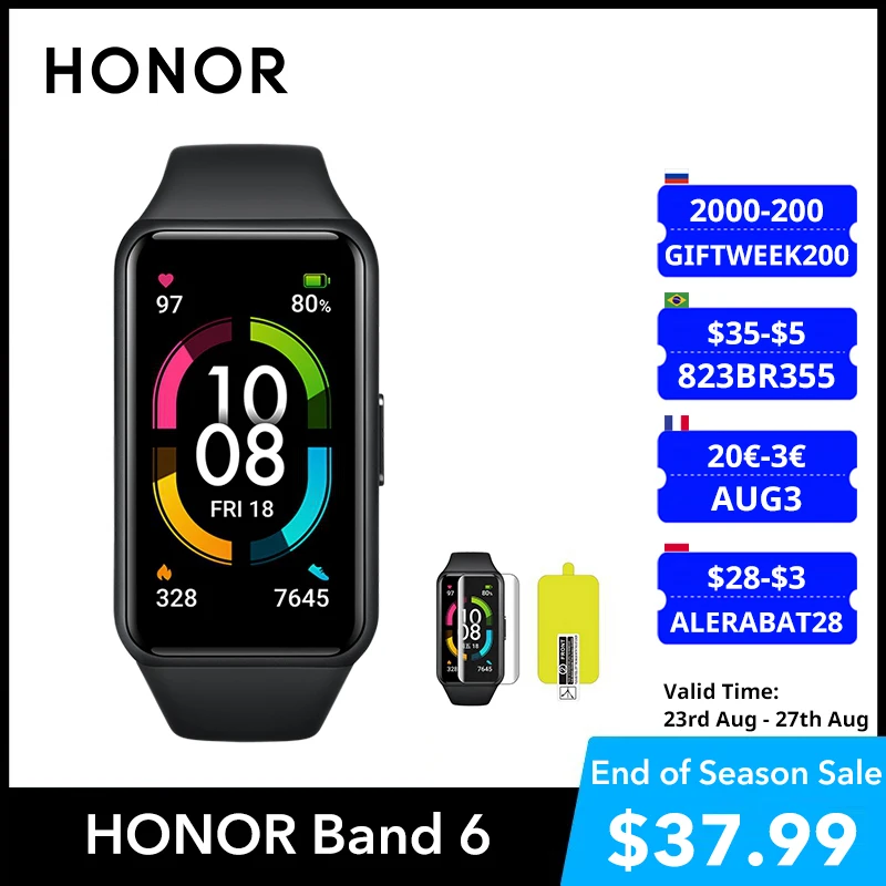  HONOR Band 6 Global Version SpO2 Heart Rate Monitor Watch Smartwatch Blood Oxygen Fitness Smart Bracelet Waterproof Wristbands 
