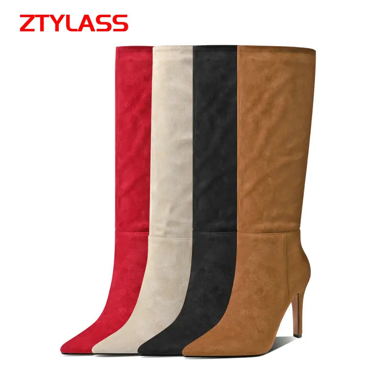 

Женские замшевые сапоги до колена, на тонком высоком каблуке, без застежки, с острым носком