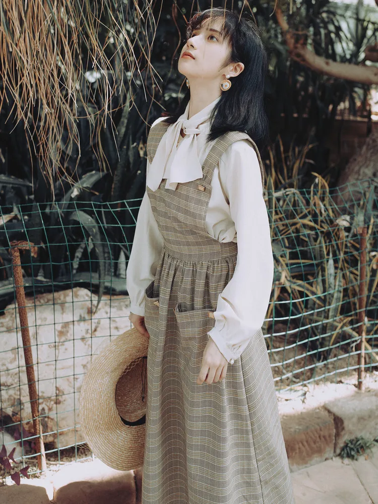 

Женское клетчатое платье на бретелях и блузка, комплект из двух предметов, 2019