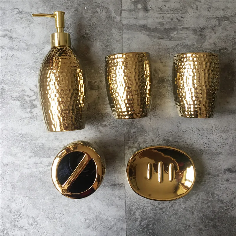 

Bathroom Accessories Set Gold plating Soap Dispenser Toothbrush Holder Gargle Cup Bathroom Set With Ceramic Tray Wedding Gifts