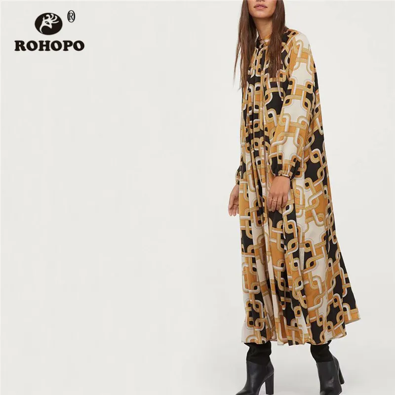 ROHOPO круглый воротник длинный рукав цепочка принт винтажное платье миди топ сзади