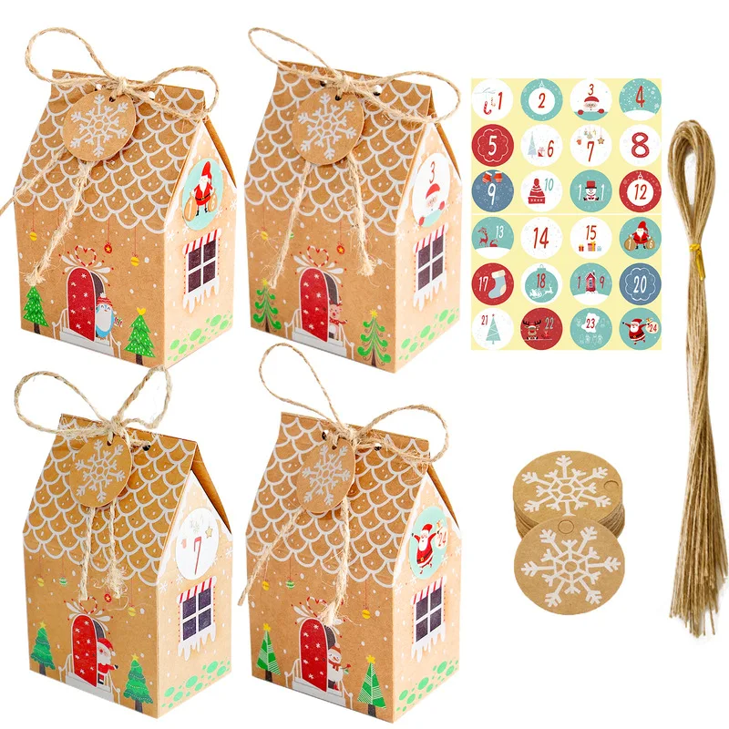 

24 Sets Christmas House Gift Box Kraft Paper Cookies Candy Bag Snowflake Tags 1-24 Advent Calendar Stickers Rope Party Supplies