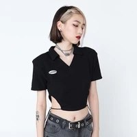 summer 2022 new y2k irregular drawstring short t shirt european and american sexy personality lapel tied rope crop top