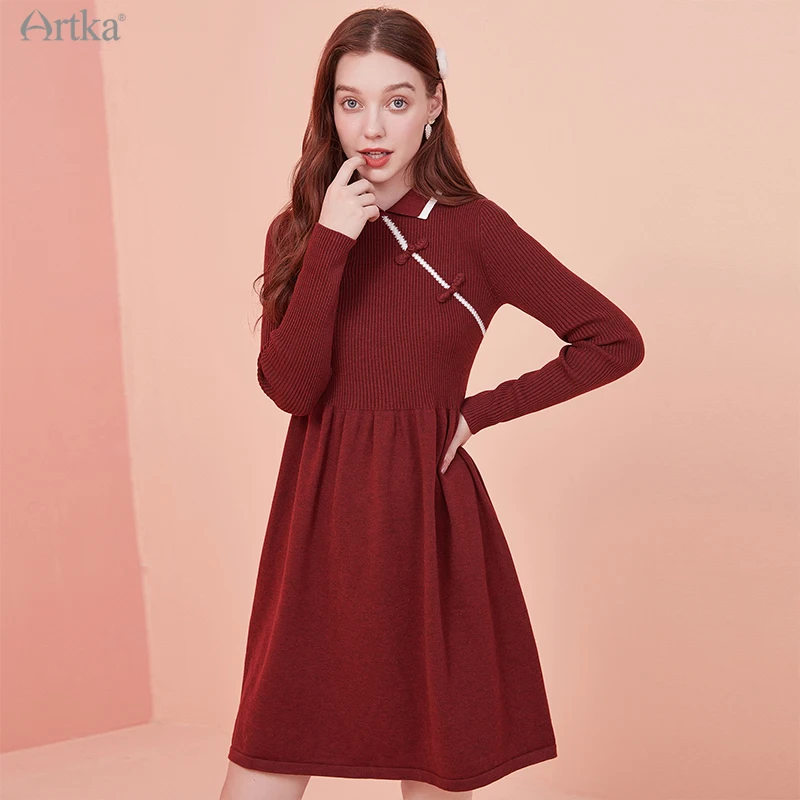 

Женское вязаное платье-свитер ARTKA, розовое элегантное мягкое платье-Ципао с длинными рукавами на зиму 2020