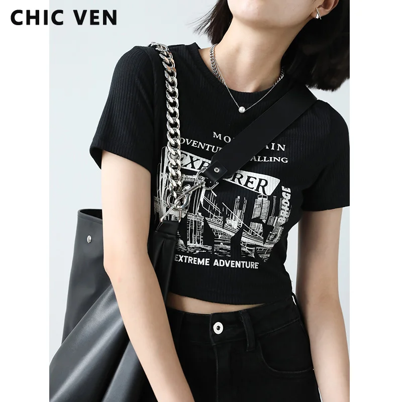 

CHIC VEN Summer Korean Women Crop Top T-shirt Street Retro Letter Print Slim Stretch Short Sleeve Women's Mini Top