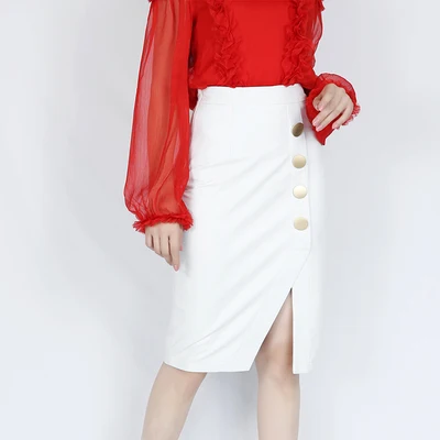 Белый Faldas Mujer Moda зимние женские из натуральной кожи простые золотые пуговицы длинная юбка миди Femme Slit Jupe черный/белый Saias - Цвет: Белый