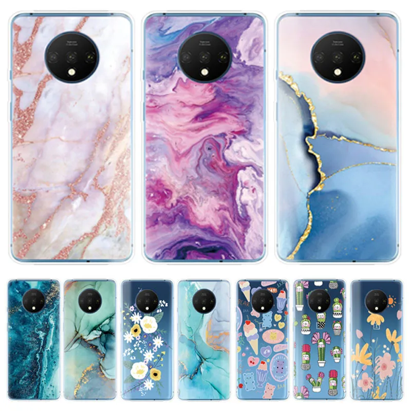 Phone Cases For OnePlus 7T Cases Soft TPU Silicone Back Covers For OnePlus 7T 6.55"Coque Flowers Fashion Marble Pattern Cute cat