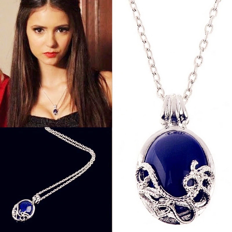 Classic Movie Necklace The Vampire Diaries Necklace Katherine Anti-sunlight Blue Stone Gem Opal Pendant Necklace Women Gift