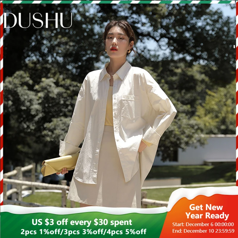 

DUSHU 2021 Early Autumn Simple Silhouette Shirt Beige Gentle All-match Shirt Long Sleeve Straight Solid Shirt Blouses For Women