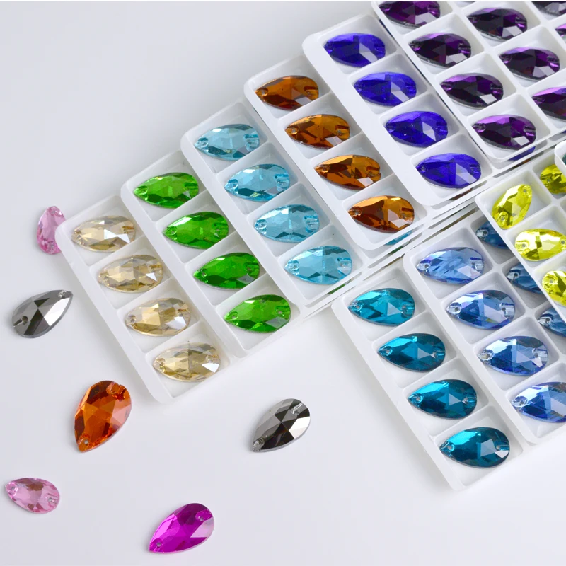 Стразы для пришивания всех цветов с каплями воды пришивные камни 2 отверстиями