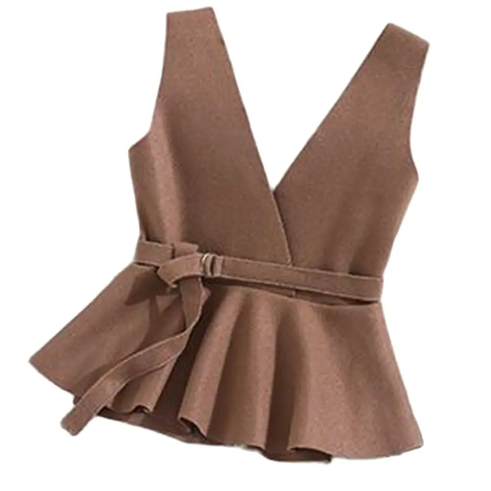 

Женский шерстяной жилет без рукавов, универсальный жилет с V-образным вырезом и поясом на талии, Осень-зима 2021