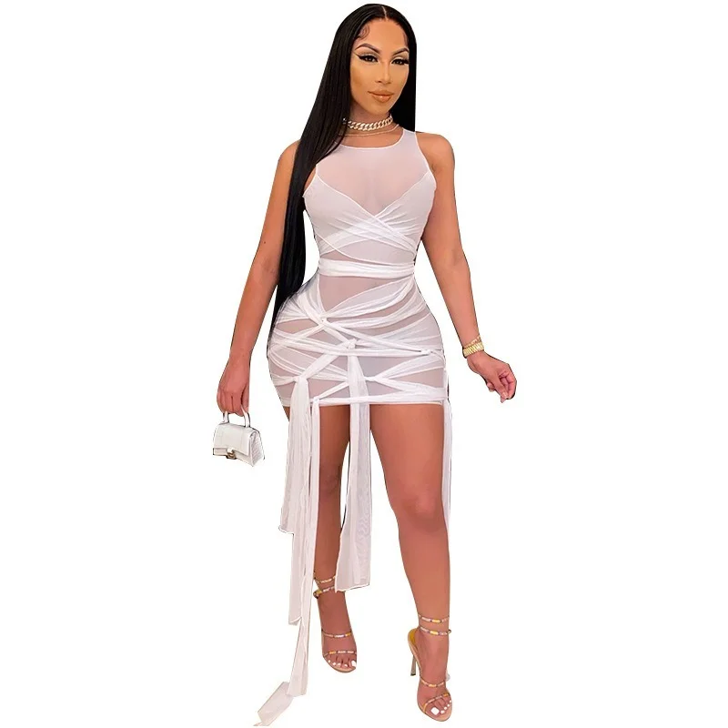 

2021 new sleeveless tight-fitting lace high stretch nightclub sexy mesh dress dresses for women maxi dress black dress