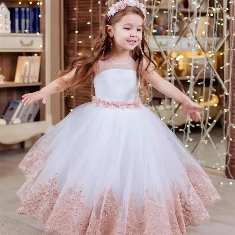 

New Lovely Pink Flower Girls Dresses Spaghetti Straps Lace Appliques Beads Sashes Birthday Communion Children Girl Pageant Gowns