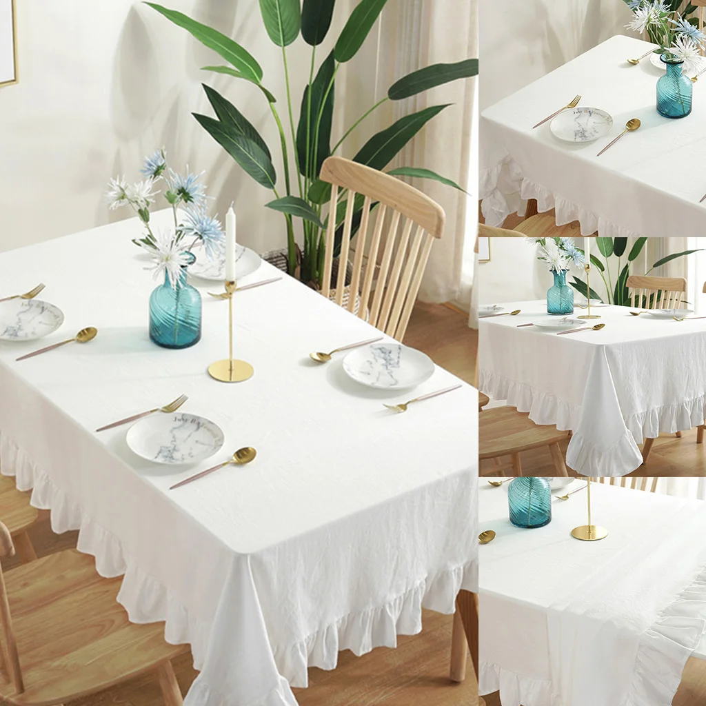 rustic vintage flounces ruffle trim tablecloth washable cotton linen rectangular table cover for kitchen farmhouse free global shipping
