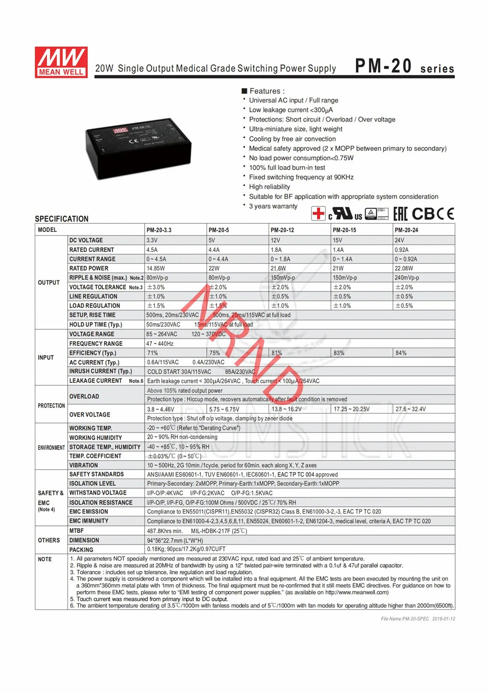 Гармоничное бренд MEAN WELL представляет PM 20 12 12V 1.8A meanwell 21 6 W импульсный источник