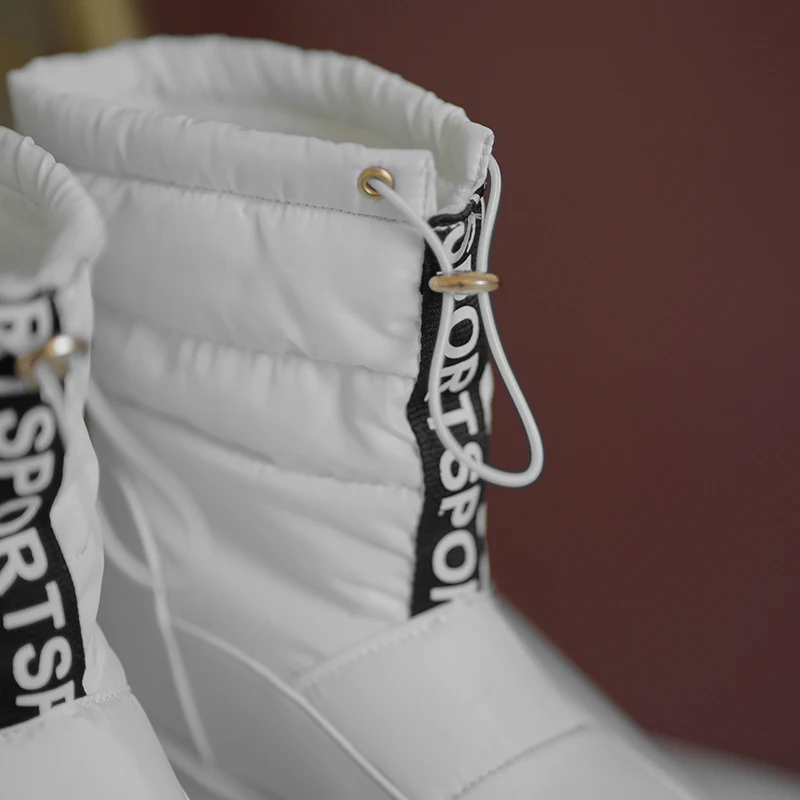 Winter Female Ankle Booties Concise PU Patchwork Down Drawstring Warm Plush Black White Wedges Shoes Women Waterproof Snow Boots