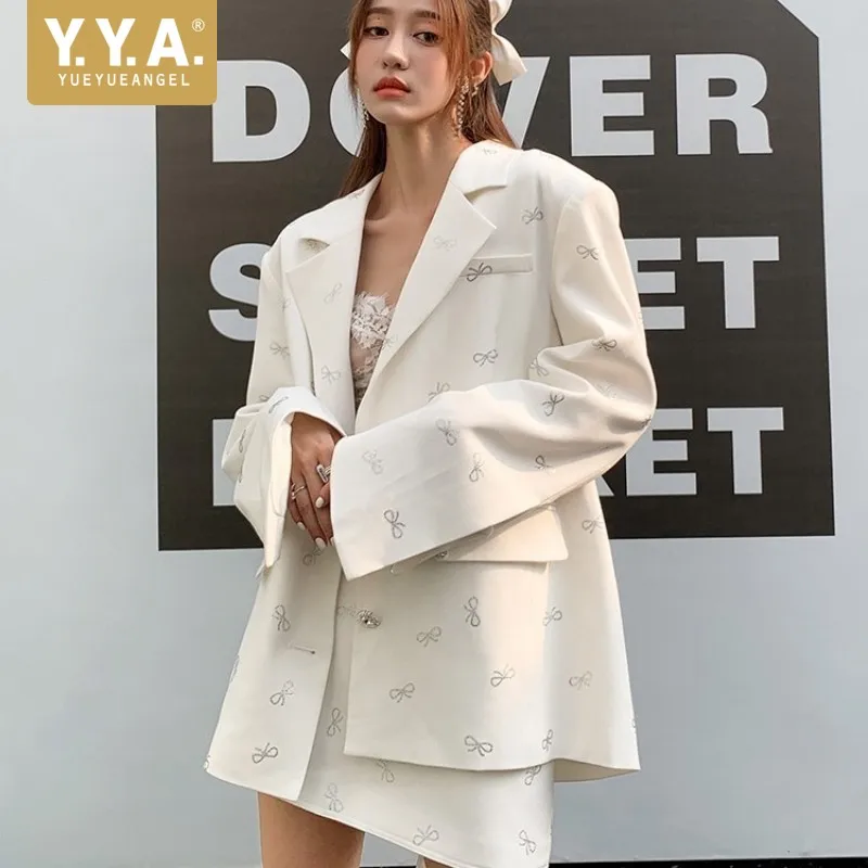 

British Style Women White Loose Rhinestone Bow Blazer A-Line Mini Skirts 2 Pieces Set Streetwear Flare Sleeve Suit Jackets